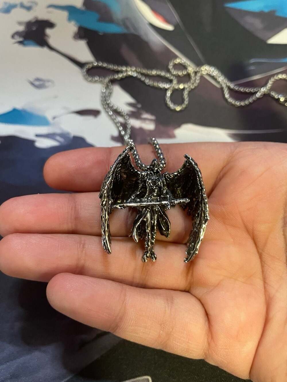 Silver Tone Gothic Winged Warrior Angel Pendant Necklace - Picture 2 of 3